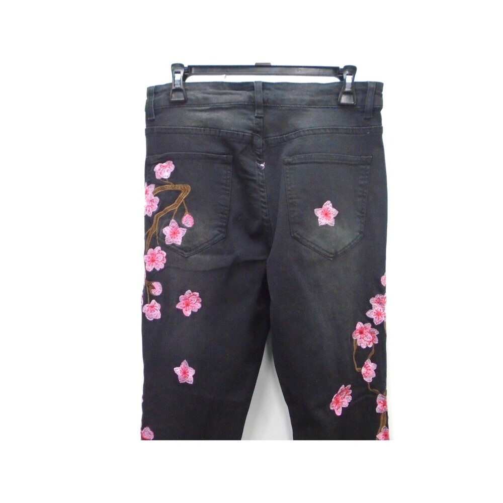 Manfinity Cherry Blossom Embroidered Stacked Jeans Womens Black Denim Size 28 - Picture 6 of 9